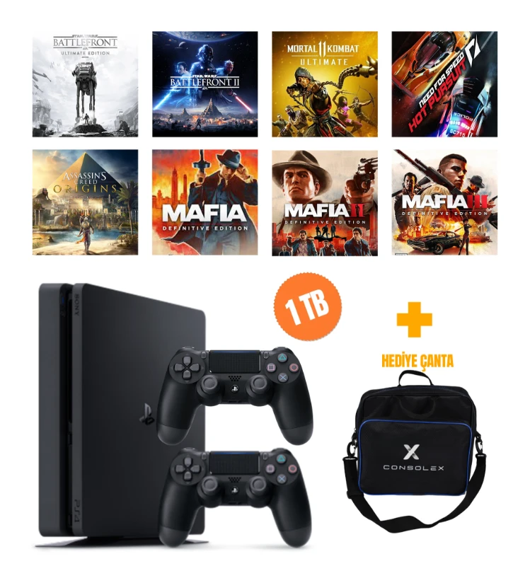 Sony PlayStation 4 Slim 1TB + 8 Dijital Oyun + Çift Kol + ConsoleX Çanta (Yenilenmiş)