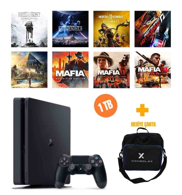 Sony PlayStation 4 Slim 1TB + 8 Dijital Oyun + Tek Kol + ConsoleX Çanta (Yenilenmiş)