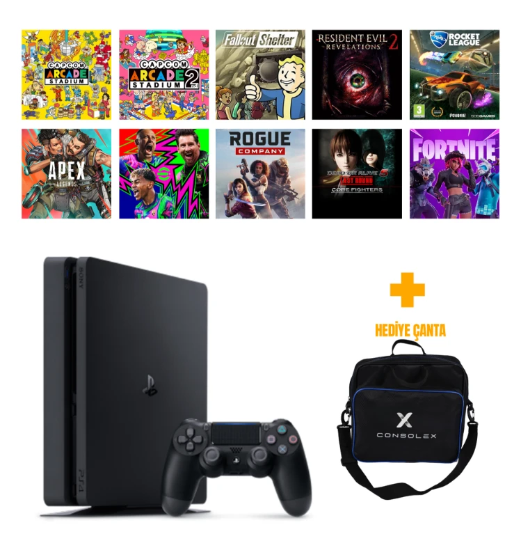 Sony PlayStation 4 Slim 500GB + 10 Dijital Oyun + Tek Kol + ConsoleX Çanta (Yenilenmiş)