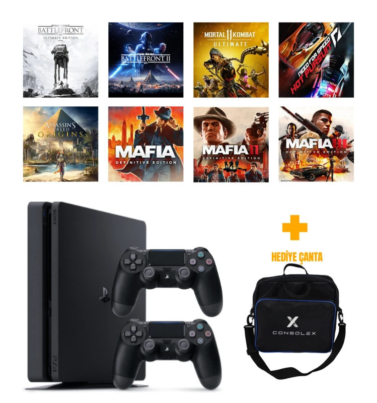 Sony PlayStation 4 Slim 500GB + 8 Dijital Oyun + Çift Kol + ConsoleX Çanta (Yenilenmiş)