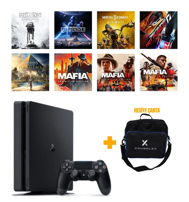 Sony PlayStation 4 Slim 500GB + 8 Dijital Oyun + Tek Kol + ConsoleX Çanta (Yenilenmiş)