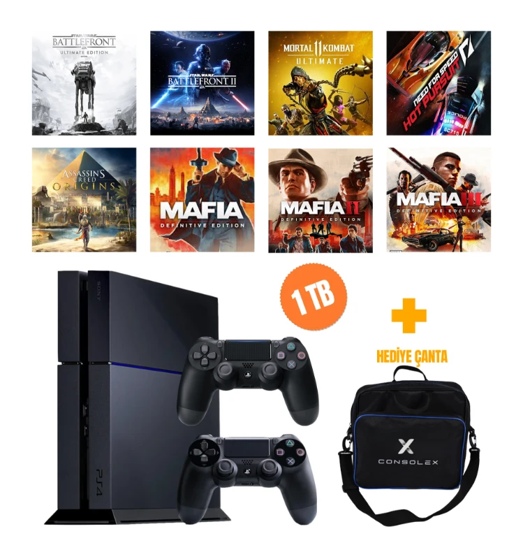Sony PlayStation 4 Standart 1TB + 8 Dijital Oyun + Çift Kol + ConsoleX Çanta (Yenilenmiş)