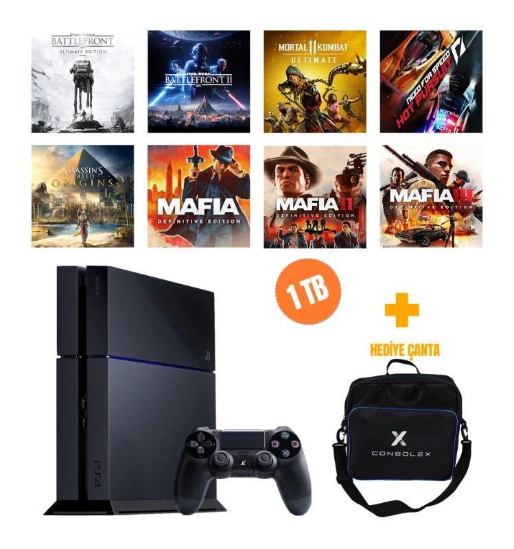 Sony PlayStation 4 Standart 1TB + 8 Dijital Oyun + Tek Kol + ConsoleX Çanta (Yenilenmiş)