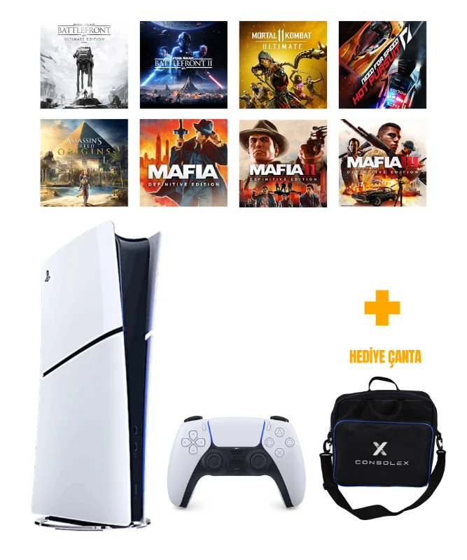 Sony PS5 Slim Dijital 825GB (CFI-2116) + 8 Dijital Oyun + Tek Kol + ConsoleX Çanta