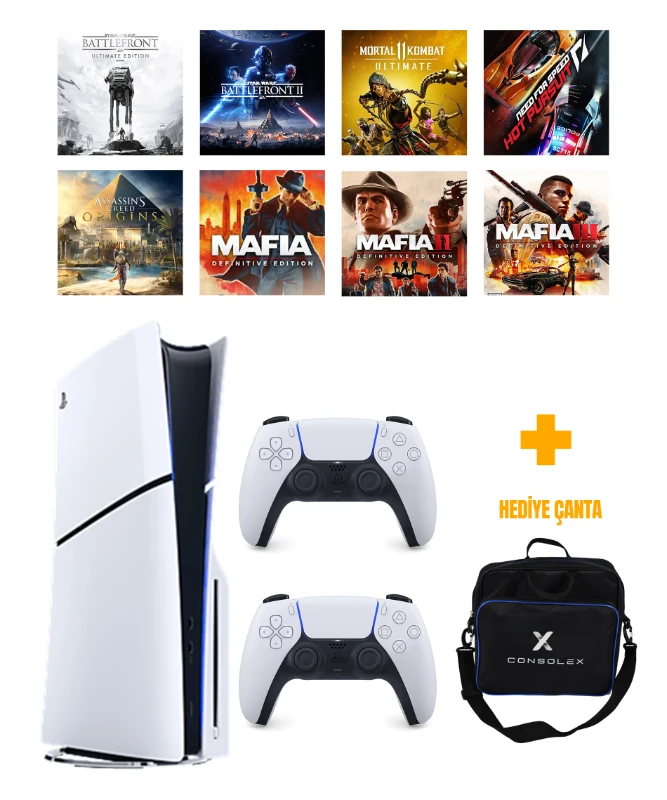 Sony PS5 Slim 1TB CD Edition (CFI-2116) + 8 Dijital Oyun + Çift Kol + ConsoleX Çanta