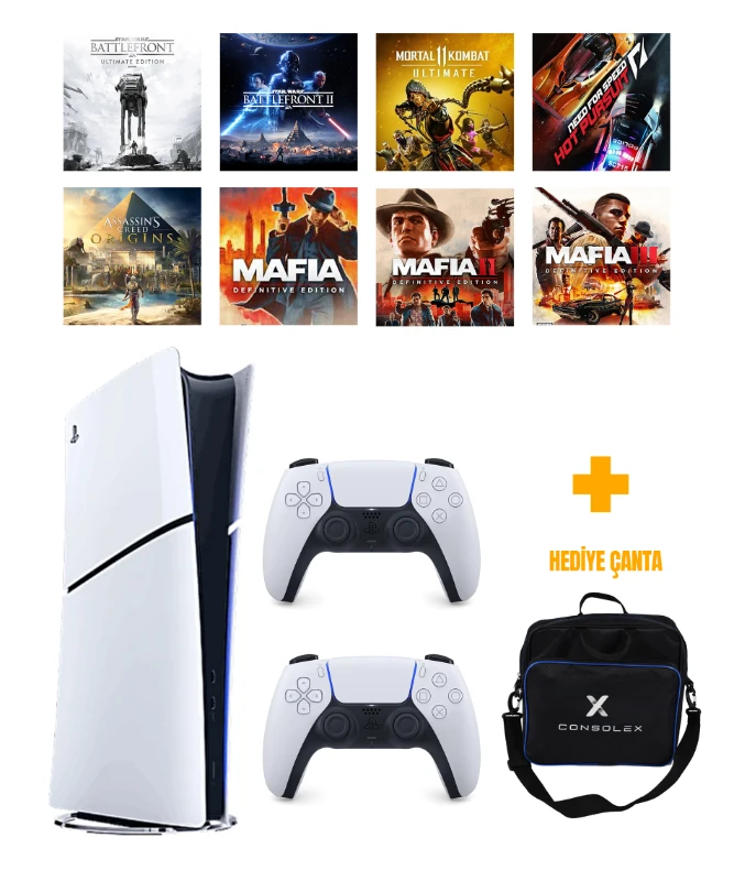 Sony PS5 Slim Dijital 825GB (CFI-2116) + 8 Dijital Oyun + Çift Kol + ConsoleX Çanta