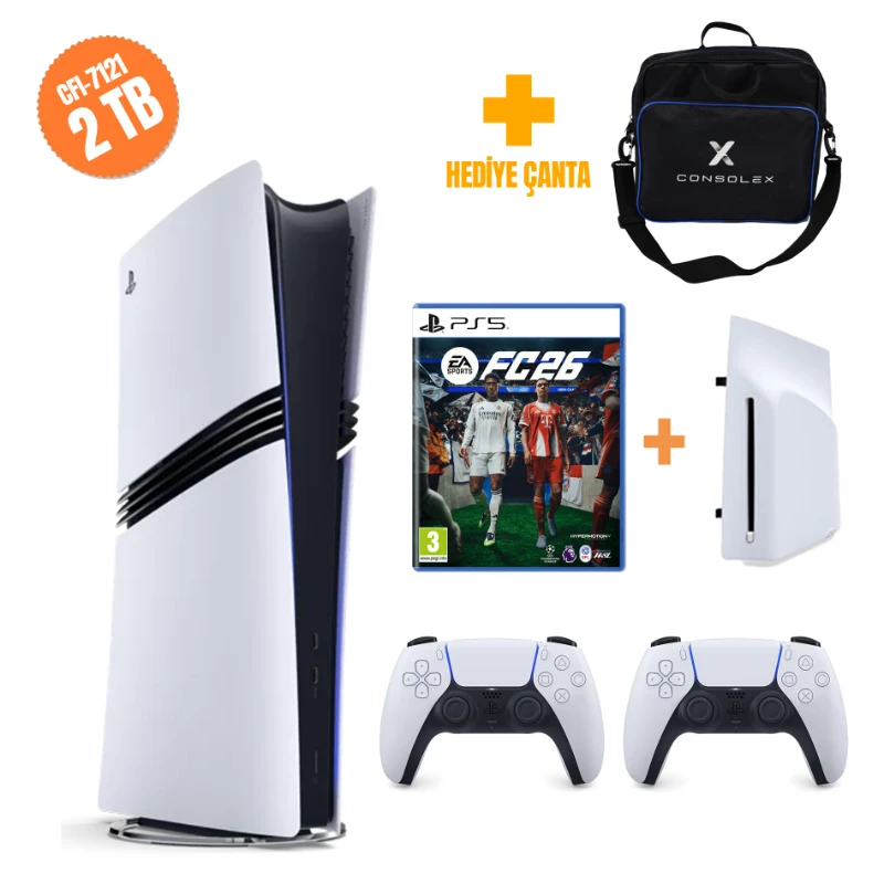 Sony PlayStation 5 Pro 2TB CFI7121 Avrupa Disk Sürücü Çift Kol FC26 ConsoleX Çantalı