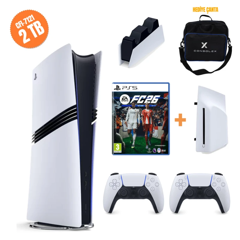 Sony PlayStation 5 Pro 2TB CFI7121 Avrupa Disk Sürücü Çift Kol FC26 Şarj ConsoleX Çantalı