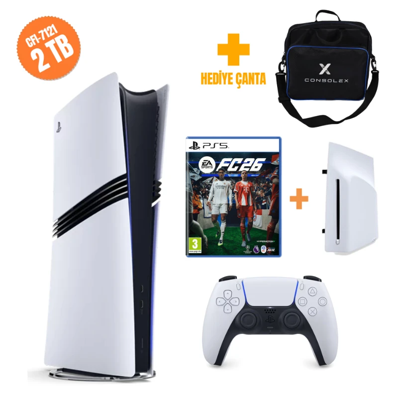 Sony PlayStation 5 Pro 2TB CFI7121 Avrupa Disk Sürücü FC26 Tek Kol ConsoleX Çantalı