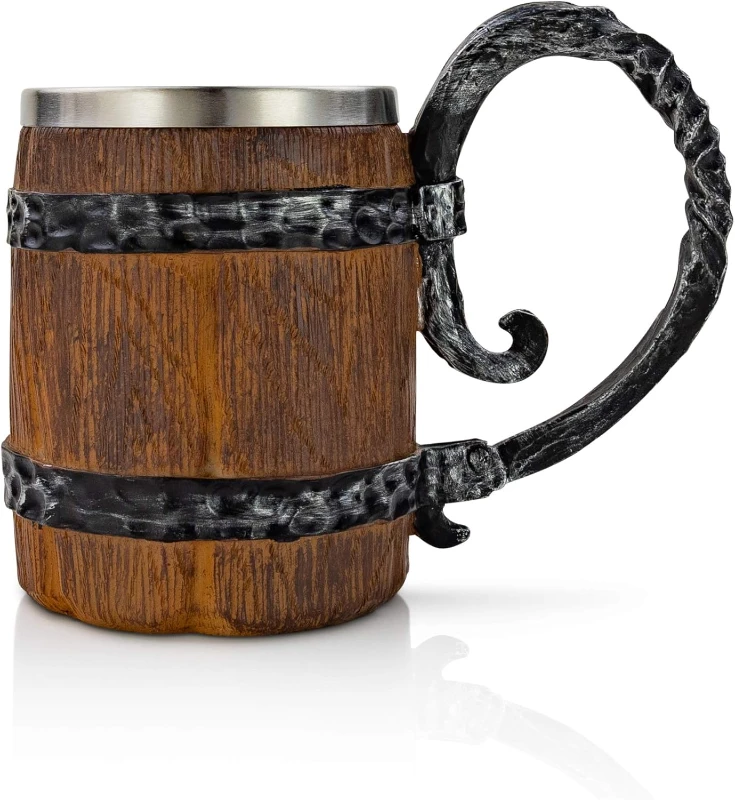 VikingsBrand Ahşap Fıçı Tasarımlı Paslanmaz Çelik Kupa – 600 ml CL-1152