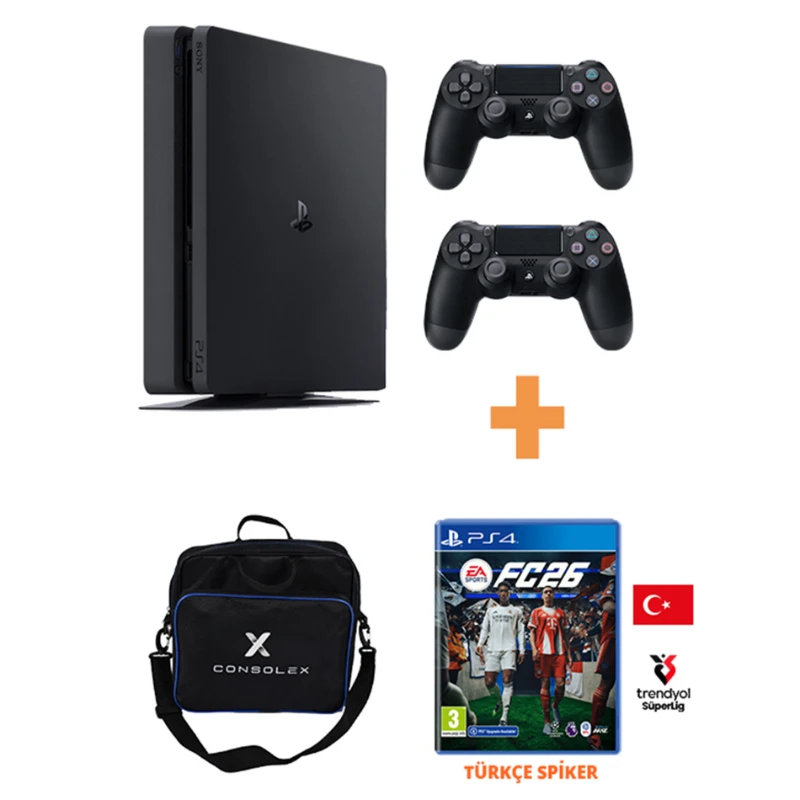 Sony PlayStation 4 Slim 500GB + FC 26 Disk Oyun + 2 Adet V2 Kol + ConsoleX Çanta – PS4 (Yenilenmiş)