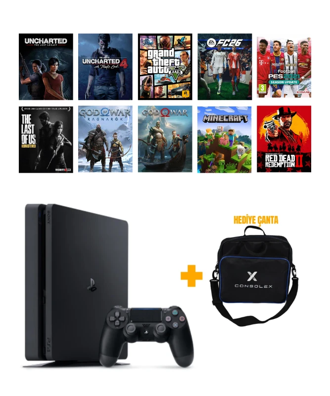 Sony PS4 Slim 1TB (Yenilenmiş) + Tek Kol + ConsoleX Çanta + 12.02v Yazılım
