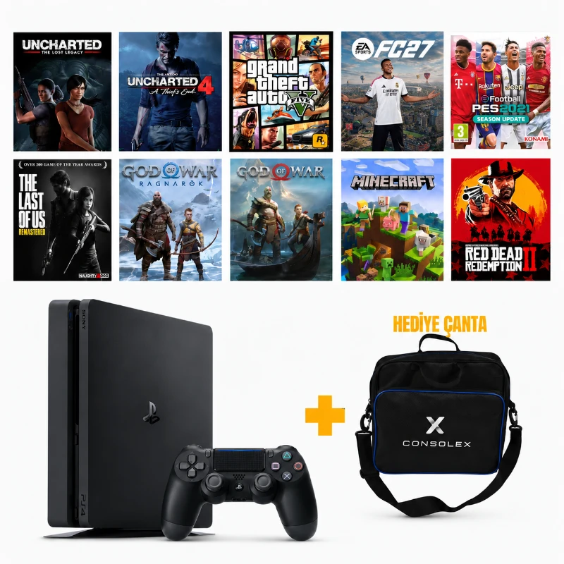 Sony PS4 Slim 1TB (Yenilenmiş) + Tek Kol + ConsoleX Çanta + Yazılımlı