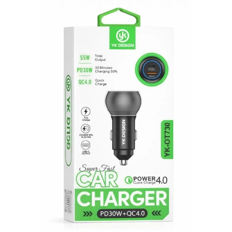 YK Design YK-OT730 30W USB QC4.0 PD Araç Şarj Başlığı
