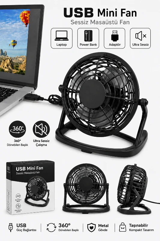 USB Mini Fan Sessiz Metal Masaüstü Fan Laptop Powerbank Uyumlu - SİYAH - CL-9918