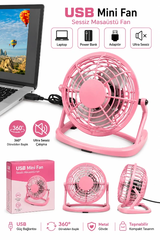 USB Mini Fan Sessiz Metal Masaüstü Fan Laptop Powerbank Uyumlu - PEMBE - CL-9918
