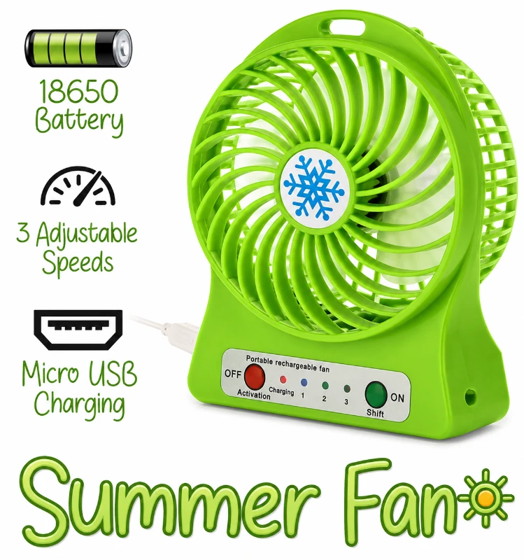 Yeşil Şarjlı Mini Fan 3 Kademeli USB Taşınabilir Masaüstü Fan - YEŞİL - CL-9918