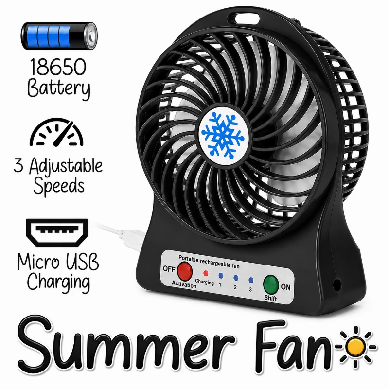 Siyah Şarjlı Mini Fan 3 Kademeli USB Taşınabilir Masaüstü Fan - SİYAH - CL-9918