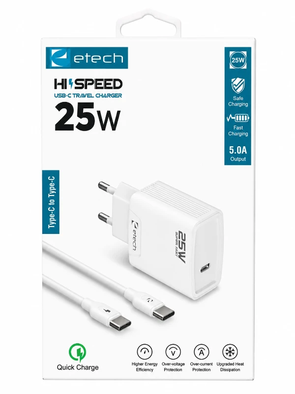 Etech 25W Type-C Hızlı Şarj Aleti ve Type-C Şarj Kablosu Seti - Beyaz