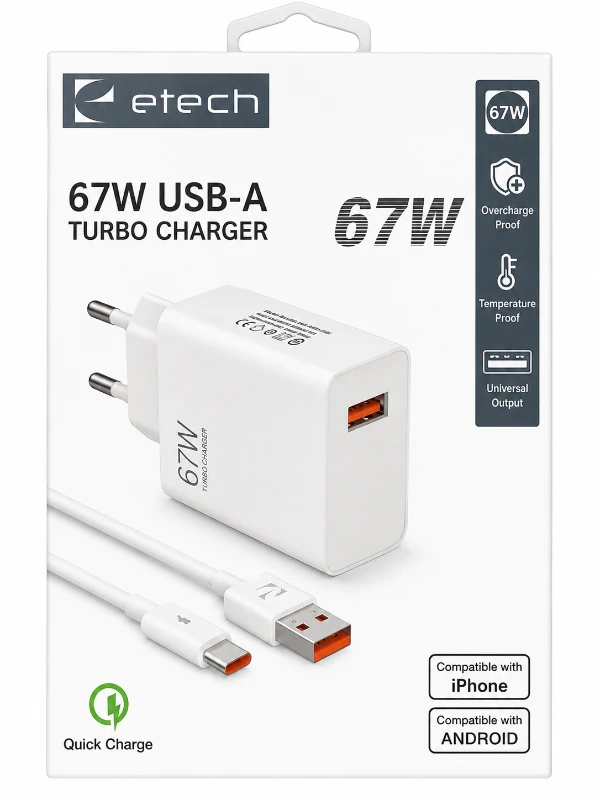 Etech 67W USB-A Turbo Hızlı Şarj Aleti ve USB-A to Type-C Şarj Kablosu Seti - Beyaz
