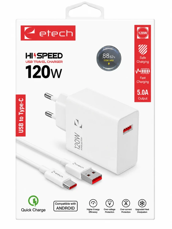 Etech 120W USB-A Hızlı Şarj Aleti ve USB-A to Type-C Şarj Kablosu Seti - Beyaz