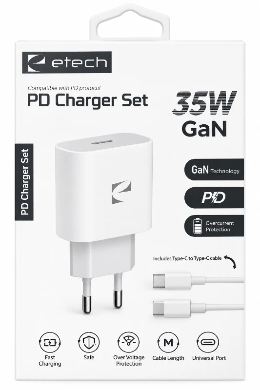 Etech 35W GaN PD Hızlı Şarj Aleti ve Type-C to Type-C Şarj Kablosu Seti - Beyaz