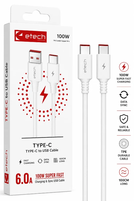 Etech 100W USB-A to USB-C Hızlı Şarj ve Data Kablosu 1 Metre