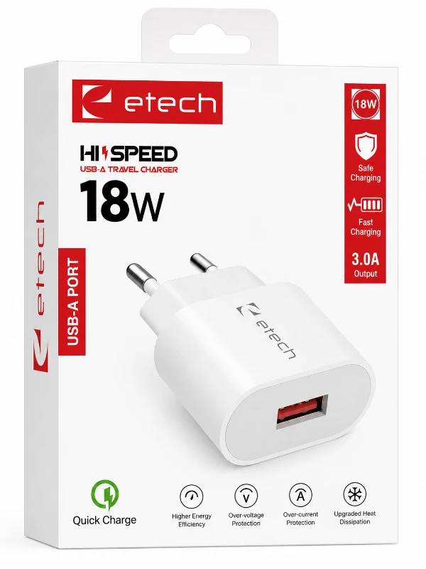 Etech 18W USB-A Hızlı Şarj Adaptörü - Beyaz