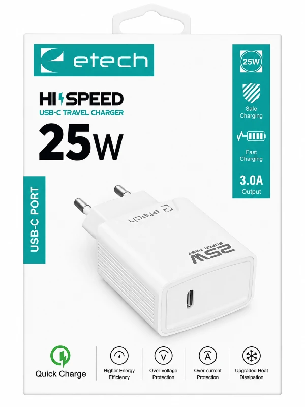 Etech 25W USB-C Hızlı Şarj Adaptörü - Beyaz