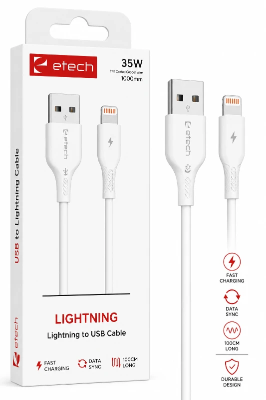 Etech 35W USB to Lightning Hızlı Şarj ve Data Kablosu 1 Metre - Beyaz
