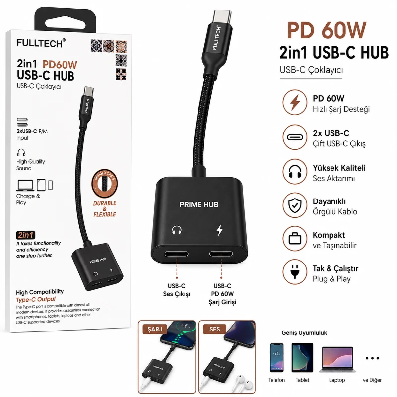 Fulltech PD60W USB Type-C HUB Çift Type-C Şarj & Ses Adaptörü